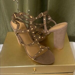 BAMBOO Brown Studded Block Heels